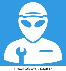 Alien Serviceman vector icon. Style is flat white symbol, rounded angles, blue background.