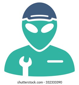 Alien Serviceman vector icon. Style is flat bicolor cobalt and cyan symbol, rounded angles, white background.
