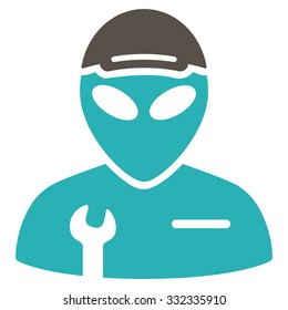 Alien Serviceman vector icon. Style is flat bicolor grey and cyan symbol, rounded angles, white background.