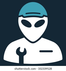 Alien Serviceman vector icon. Style is flat bicolor blue and white symbol, rounded angles, dark blue background.