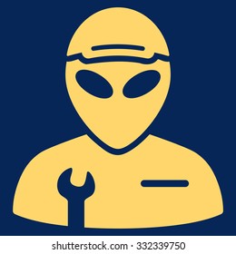Alien Serviceman vector icon. Style is flat yellow symbol, rounded angles, blue background.