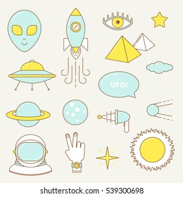 Alien set of icons. Line design UFO, astronaut, planets sticker patches