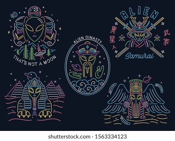 Alien set of neon style vector badges and designs for any use