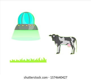 Alien set: spaceship, cow, grass,mystical green light. Abduction ufo. Vector illustration