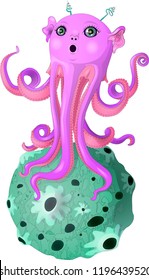 An alien with seven tentacles on a small green asteroid.