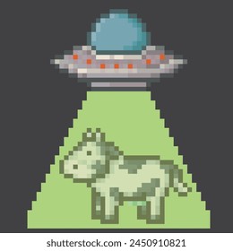 Alien ship abducting a cow, fantasy pixel art