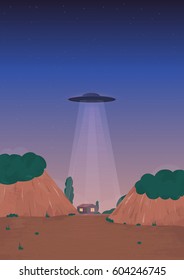 Alien ship arrival. UFO on the horizon, over the house. Cartoon style illustration.