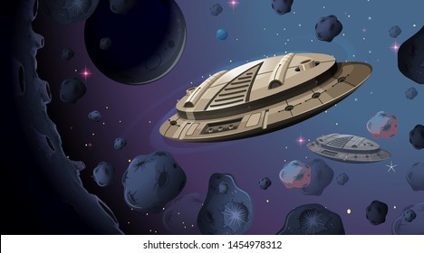 Alien ship in asteroid scene illustration