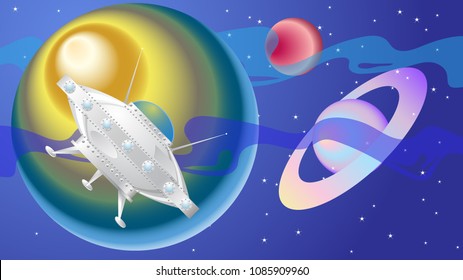 The alien ship flies in space against the sky with stars and beautiful planets. Vector drawing of a fantasy world.