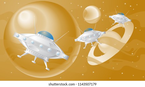 The alien ship flies in space against the sky with stars and beautiful planets. Vector drawing of a fantasy world.