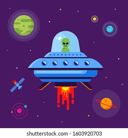 alien ship flies in space among the planets. green alien sits in a plate. flat vector illustration.