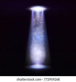 Alien ship with fog, light and rising particles on black background. Vector illustration.
