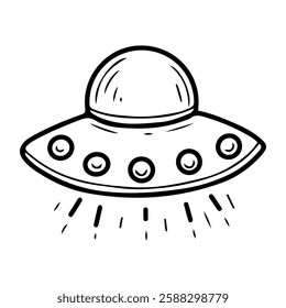 Alien ship. Hand drawn doodle. Spaceship. Celestial transport of the traveler. UFO. Guest from another galaxy. Travel through the universe. Vector line art illustration.