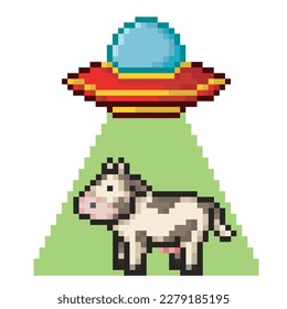 Alien ship induced cow, pixel art meme