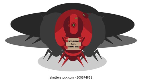 Alien ship invasion, 3 big red robots with sign, isolated on white background 