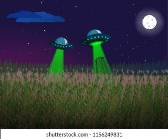 Alien ship kidnaping a human in cornfield at night. UFO vector illustration