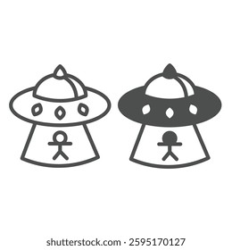 Alien ship kidnapping human line and solid icon, cosmos concept. Vector graphics. Spaceship for humanoid aliens, UFO plate sign on white background, outline style icon for mobile or web design