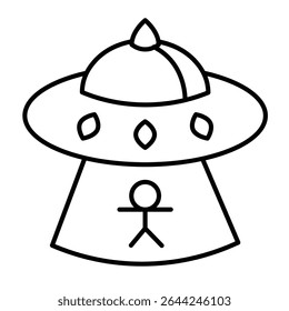 Navio alienígena sequestrando ícone da linha fina humana, conceito do cosmos. Gráficos vetoriais. Espaçonave para alienígenas humanoides, sinal de placa UFO no fundo branco, móvel estilo ou design