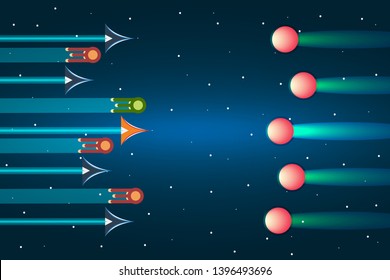 Alien ship and the space. Different ships fly at each other. Collision of ships. Spacecraft in the space. Adventure at universe. Vector illustration design. 