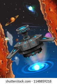 Alien ship in space scene illustration