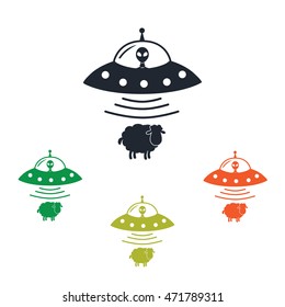 Alien ship steal sheep icon on the background