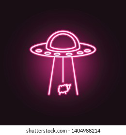 Alien ship steal sheep neon icon. Elements of Space set. Simple icon for websites, web design, mobile app, info graphics