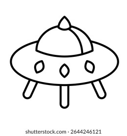 Ícone de linha fina Alien ship, conceito do cosmos. Gráficos vetoriais. Espaçonave para alienígenas humanoides, sinal de placa UFO no fundo branco, móvel estilo ou design