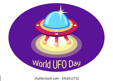 Alien ship. UFO day. Flying saucer. Spaceship. Spacecraft Vector illustration on a purple background. - Vector