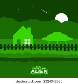 Ein Alienschiff im Garten auf Vollmond Nacht mit Sternen und kühner Text zum Gedenken an einen Alien zum Leben mit Ihnen Tag am 21. Juli