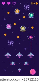 Alien ships and friendly spacecraft are engaged in a space battle, with hearts representing lives and a high score displayed. Ideal for retro gaming, space adventures, sci-fi themes, pixel art, and