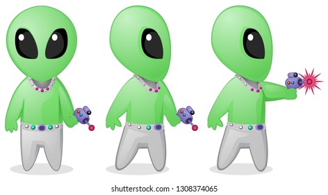 Alien shooter cartoon color vector illustration character design element, horizontal, over white, isolated