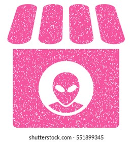 Alien Shop grainy textured icon for overlay watermark stamps. Flat symbol with scratched texture. Dotted vector pink ink rubber seal stamp with grunge design on a white background.