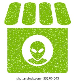 Alien Shop grainy textured icon for overlay watermark stamps. Flat symbol with dirty texture. Dotted vector eco green ink rubber seal stamp with grunge design on a white background.