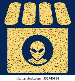 Alien Shop grainy textured icon for overlay watermark stamps. Flat symbol with unclean texture. Dotted vector yellow ink rubber seal stamp with grunge design on a blue background.