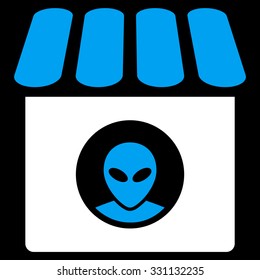 Alien Shop vector icon. Style is flat bicolor blue and white symbol, rounded angles, black background.