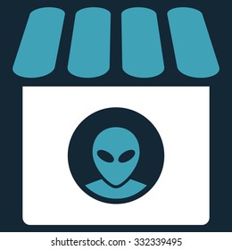 Alien Shop vector icon. Style is flat bicolor blue and white symbol, rounded angles, dark blue background.