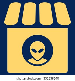 Alien Shop vector icon. Style is flat yellow symbol, rounded angles, blue background.