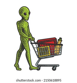 Alien shopping at store with shopping cart color sketch engraving vector illustration. T-shirt apparel print design. Scratch board imitation. Black and white hand drawn image.