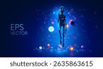 Alien shows on virtual star chart his planet in galaxy. Head of an alien with big eyes. Hands with long fingers. Silhouette of an alien hovered in air surrounded by planets. Sci-fi illustration alien.