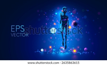 Alien shows on virtual star chart his planet in galaxy. Head of an alien with big eyes. Hands with long fingers. Silhouette of an alien hovered in air surrounded by planets. Sci-fi illustration alien.