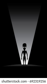 alien silhouette against light beam in darkness, science fiction vector