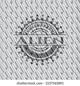 Alien silver color emblem or badge. Scales pattern. Vector Illustration. Detailed.