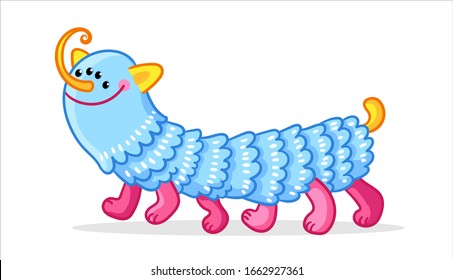 An alien similar to a caterpillar. Monster with four eyes in a cartoon style. Vector illustration with blue mutant.