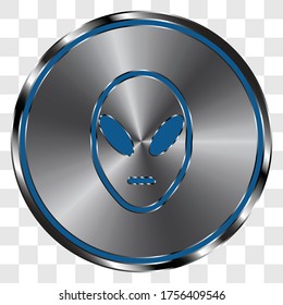 Alien simple icon vector on metal round button. Transparent grid