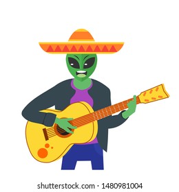 Alien sing and play guitar vector Logo icon element and design. An extraterrestrial intelligent life concept element. Can be used for web and mobile development. Suitable for Info-graphic