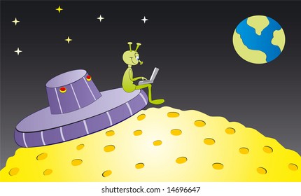 the alien sit on the spaceship and look through notebook