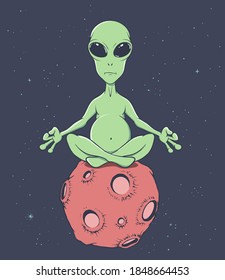 The alien sits in the lotus position on the planet.Vector illustration