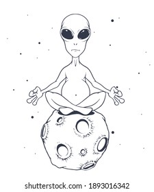 The alien sits in the lotus position on the planet.Black and white version.Vector illustration