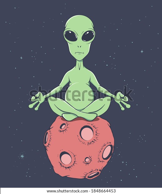 The alien sits in the lotus position on the planet.Vector illustration
