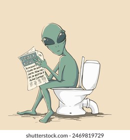 An alien sits on the toilet and reads a newspaper